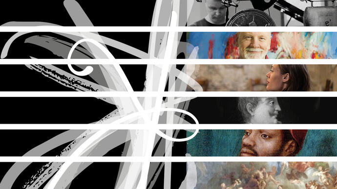 Images of the composers in the concert arranged in six rows on the right side of the frame, with a black and white paintbrush stroke design on the left side.