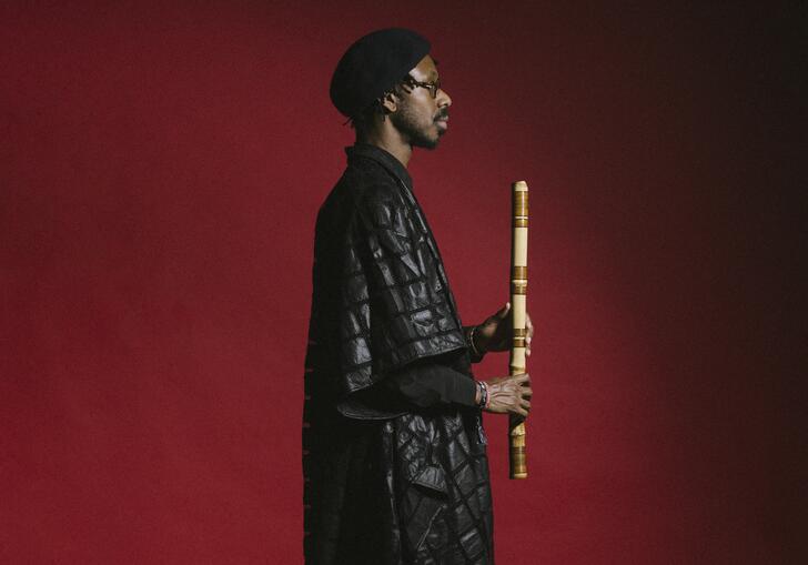Shabaka Hutchings stands in profile against a red background