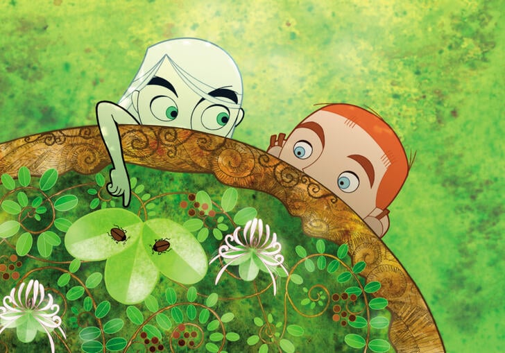 two animated characters in a garden