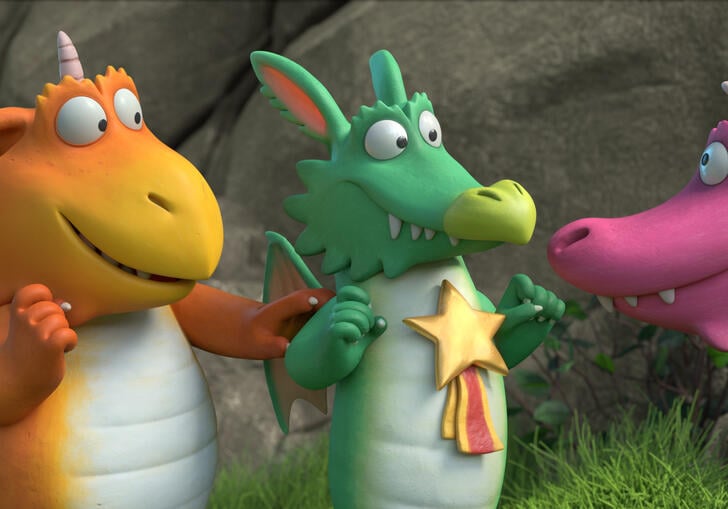An orange, green and pink dragon look at each other, smiling
