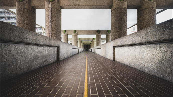 Photo of yellow line from the Barbican high walk