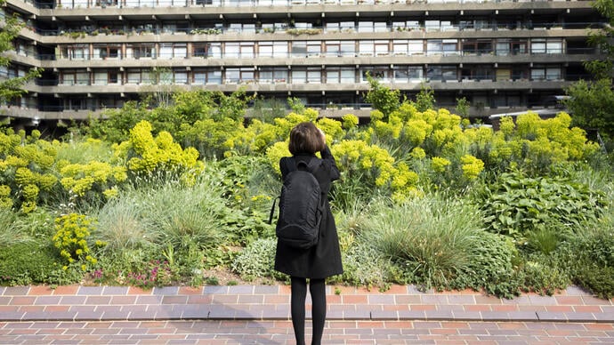 photo of someone looking at a lot of plants in front of the barbican centre