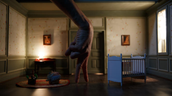 the set is a room with a crib in it, and a hand is posed as a person walking across the stage