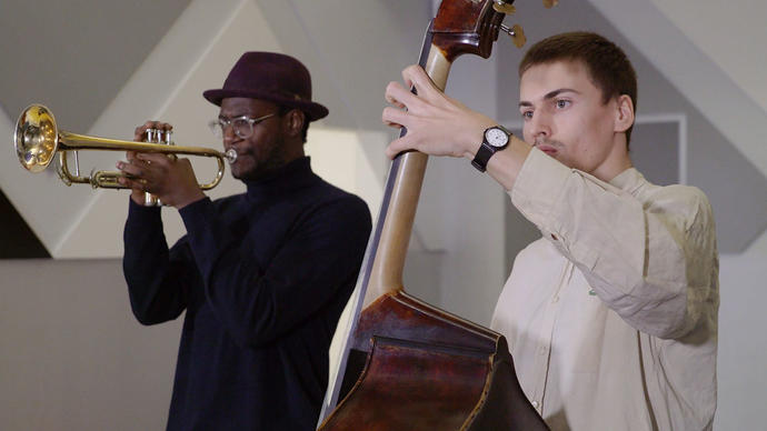 mark kavuma and michael shrimpling playing music in the exhibition into the night at the barbican