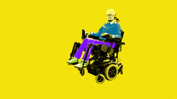 Jamie Hale is shown in a pop art style in their powered wheelchair. The colour of their photograph has been made black and white and then their trousers have been painted purple and their top is blue. The background is yellow and the words CRIPtic span the width of the image in red bold font behind Jamie.