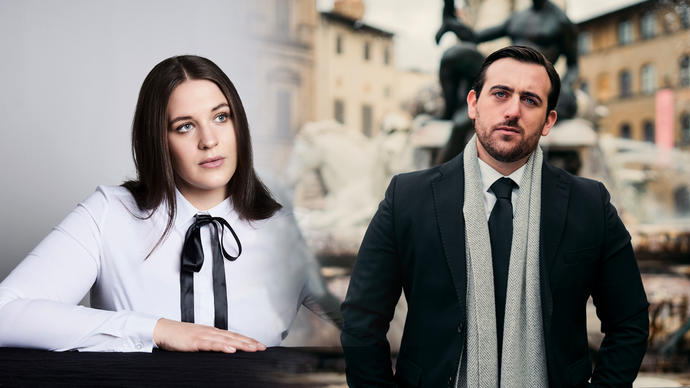 Lise Davidsen is sitting with her arm resting on a table on the left hand side of the image, Freddie De Tommaso stands in front of a fountain in coat and scarf on the right