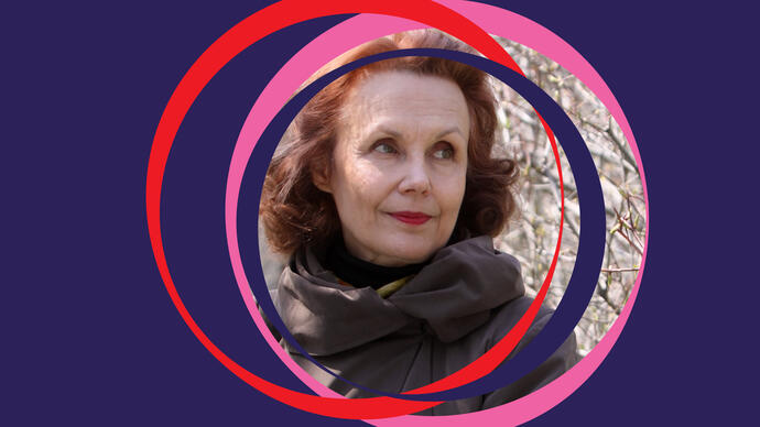 Kaija Saariaho image, centered around purple BBC SO branding