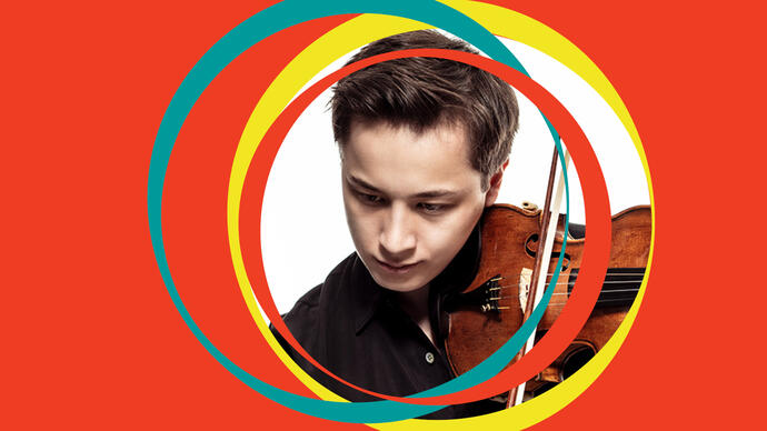 Johan Dalene plays his violin, looking down at the ground. BBC SO branding surrounds his image