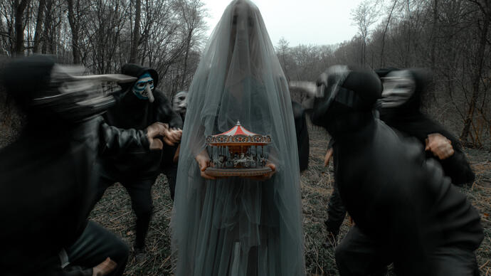 A person wearing a white veil and holding a miniature ferris wheel stands and stares at the camera while a group of people dressed in black surround her.