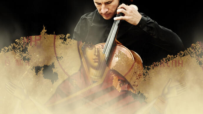 The top half of the image shows Guy Johnston playing his cello against a black background. Superimposed over the bottom half of the image is an icon of Mary, Mother of God