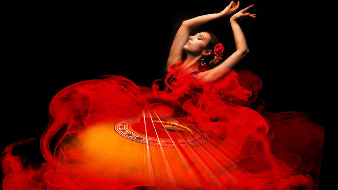 A Spanish flamenco dancer dancing in a red dress. An image of a guitar is Photoshopped on top of her dress.