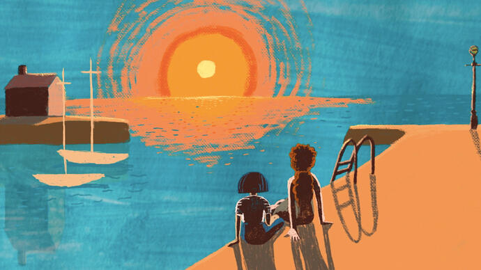 An animation of two kids sitting by a pier, watching the sun set over the ocean. 