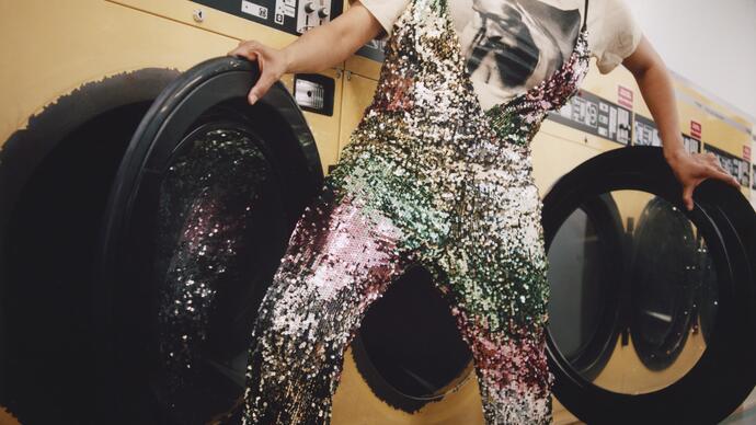 Elaine Mitchener standing in front of washing machines in a laundrette, holding the open washing machine doors.