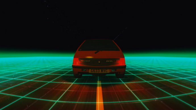 A virtual reality rendering of a car on the road, with a black sky and a neon green grid over the road.