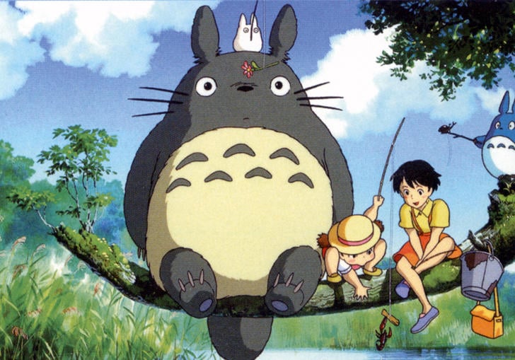 Totoro and children sitting on a branch above a river 