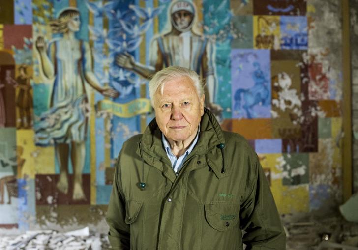 David Attenborough in front of a painted mural