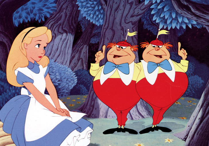 alice in the forest with tweedle dum and tweedle dee