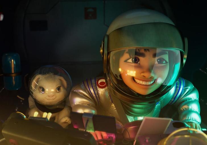 Animation: A young girl and a bunny rabbit in spacesuits, in the cockpit of a spaceship