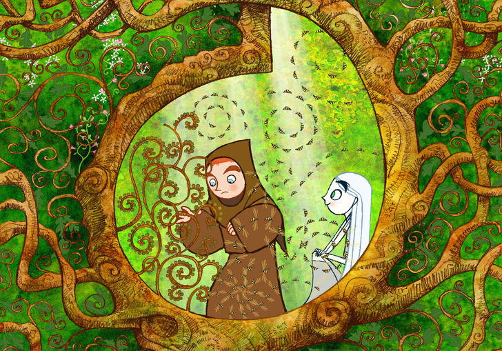 a boy in a monk habit and a very pale woman surrounded by a tree trunk and greenery