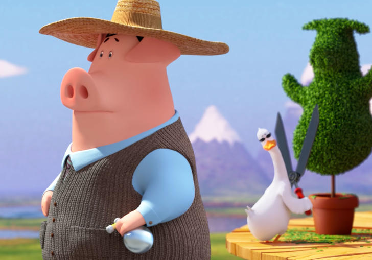 an animated pig in a straw hat with a duck trimming a hedge