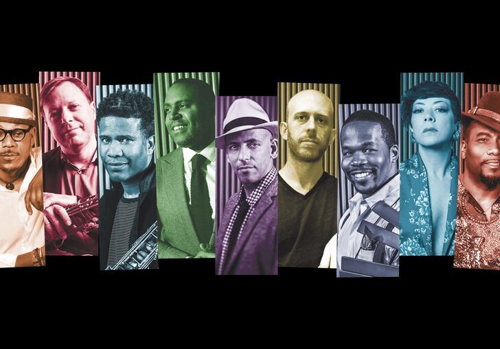 A landscape collage of each member of the SFJAZZ Collective, represented in different colours 