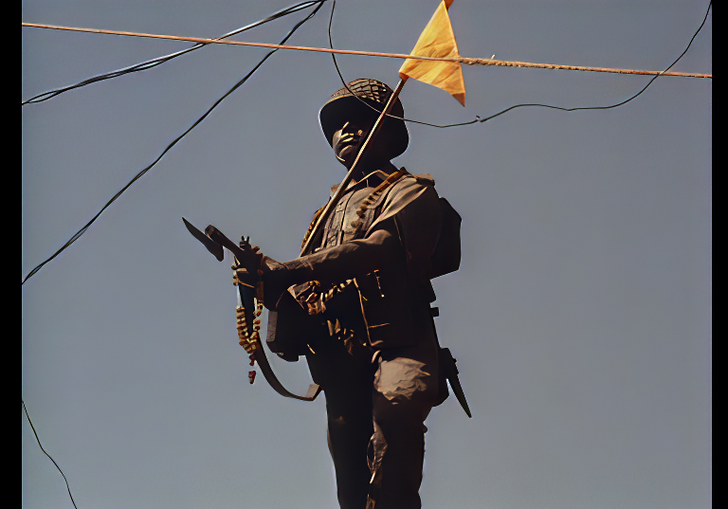 A statue of a folder stands with a flag in its head.