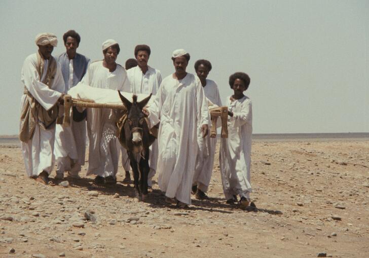 A group of men in white desert dress stand in a desert in front of a donkey.