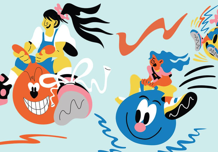 Three colourful illustrated characters bouncing on space hoppers