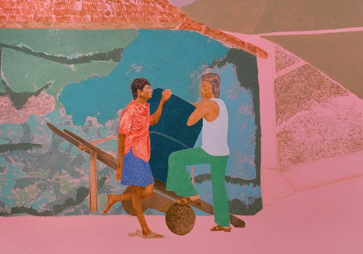 a painting of vibrant pink depicts two men stand in front of an indian landscape with a handcart.