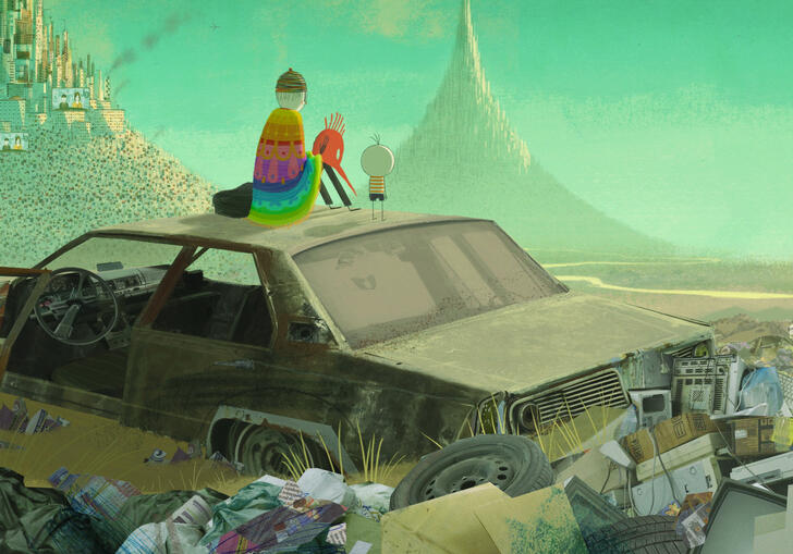 Two people stand atop a wrecked car in a landscape looking out on a city. 