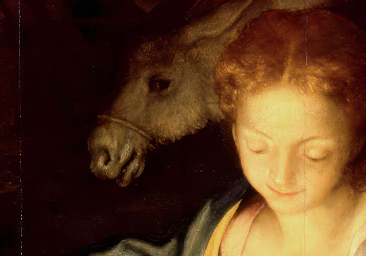 A painting of a young woman and donkey