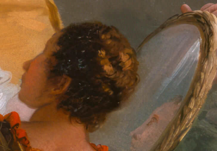 A painting of a person looking up while someone holds a mirror behind them