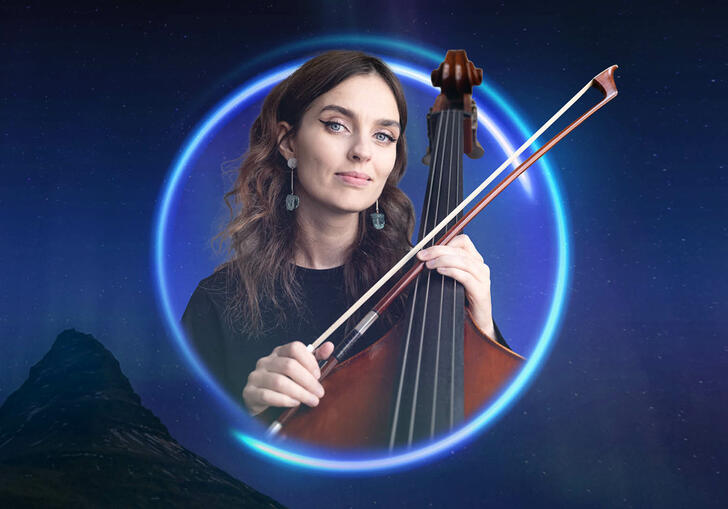 Image of Bara Gisladottir holding a cello in a blue circle