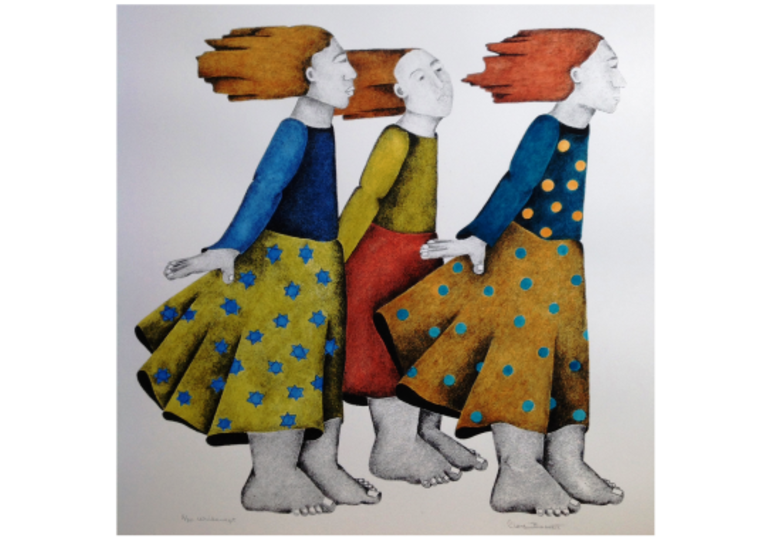 Illustration of three women with red hair standing in the wind