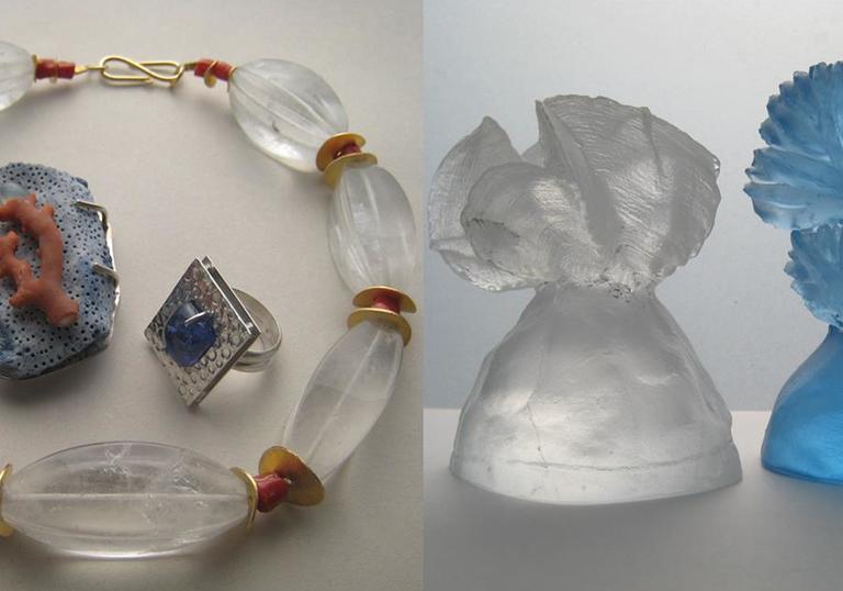 2 glass cast pieces by Michele Riley and necklace, pendant, ring by Danielle Germon