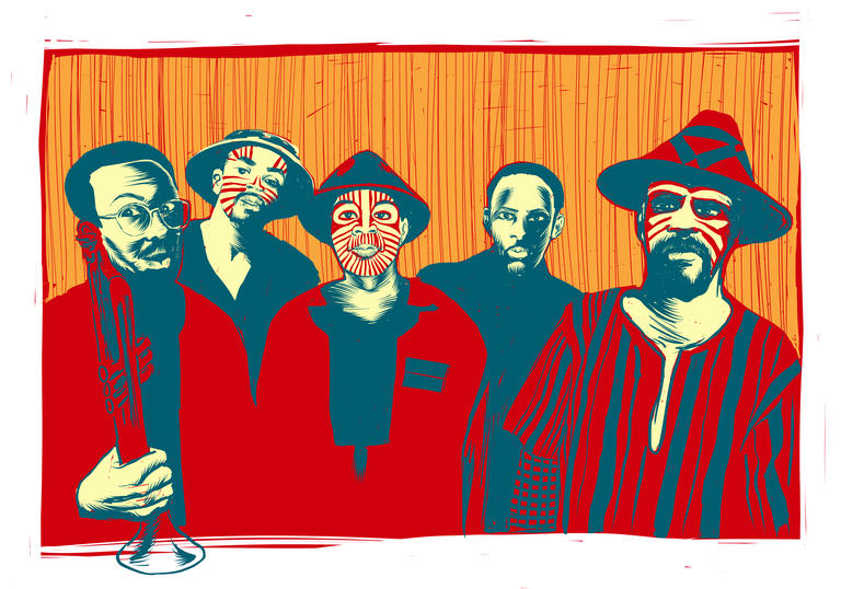 An illustration of Art Ensemble of Chicago wearing facepaint and traditional masks.