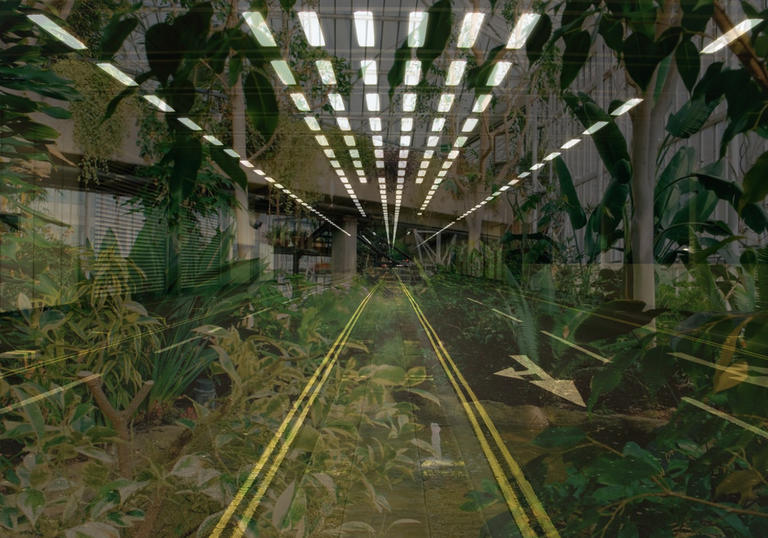 An image of the Barbican tunnel with plants inside