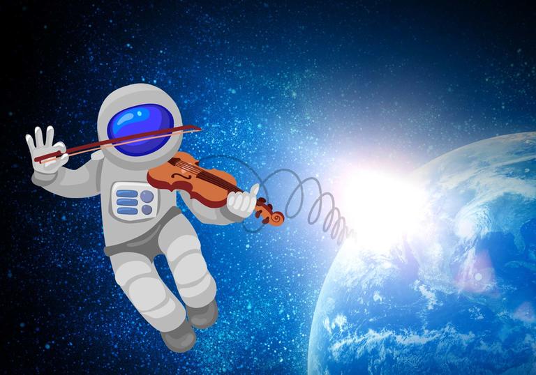 Cartoon astronaut playing the violin over Earth