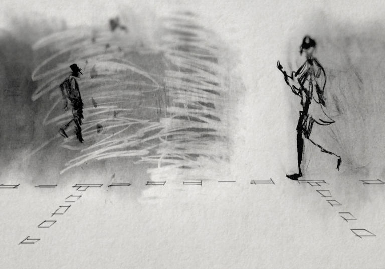 Illustration of two stick figures walking through a grey fog