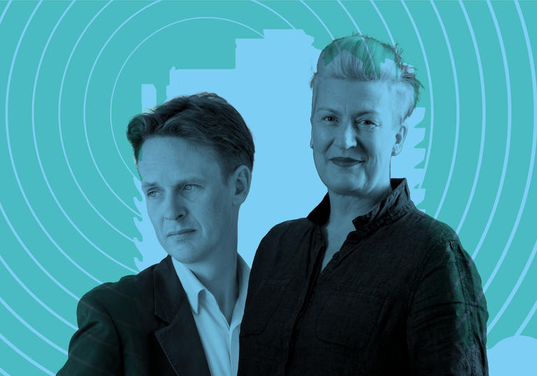 Ian Bostridge and Dame Sarah Connolly in front of a Barbican tower