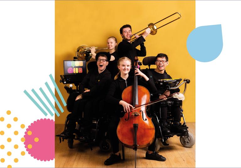 Group of young musicians with their instruments on a yellow background