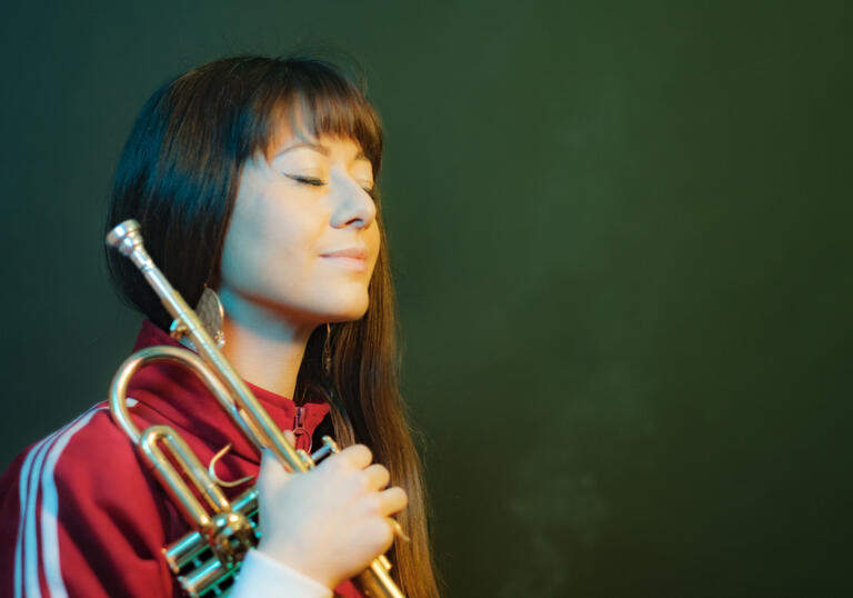 photograph of Yazz Ahmed with Trumpet