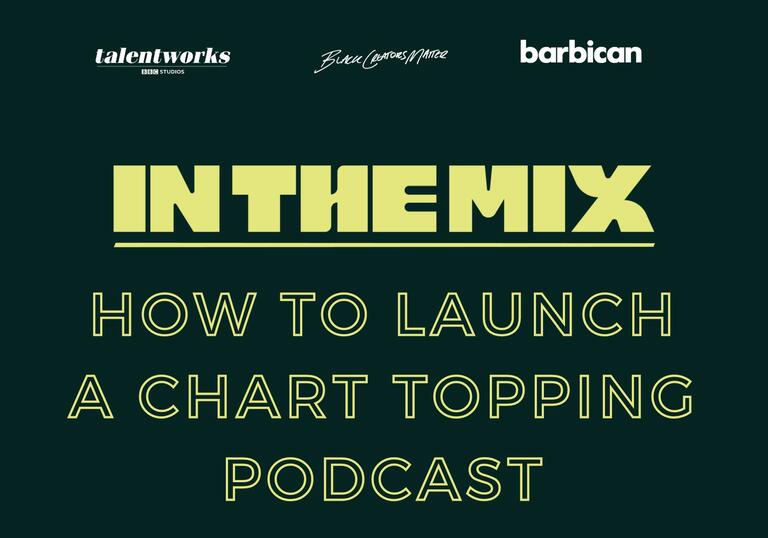 Yellow text on a dark army green background 'In The Mix - How to launch a chart topping podcast'