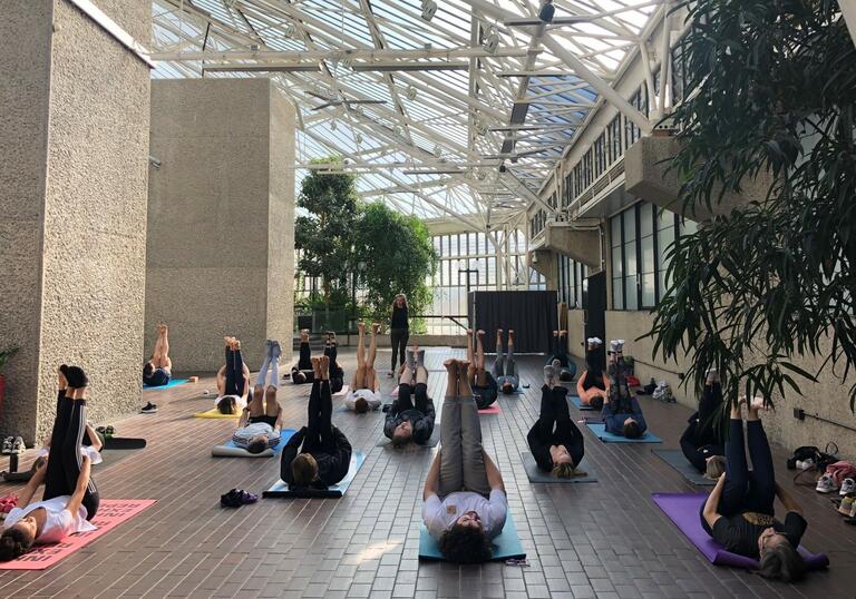 People doing a shoulder stand at a yoga class in the conservatory.