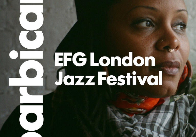 Picture of Matana Roberts with the Barbican logo on the side, marked up with "EFG London Jazz Festival"