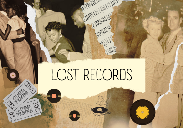 Lost records image. Collage of different images that look like newspaper clippings and old records