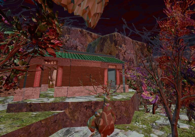An image of a temple in the 3D world oh HOME X 