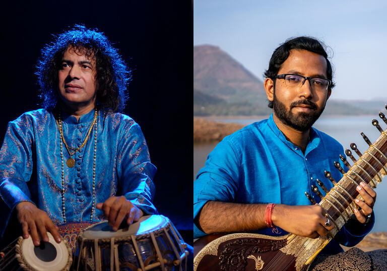 Side by side photo of performers Ustad Tari Khan and Ayan Sengupta