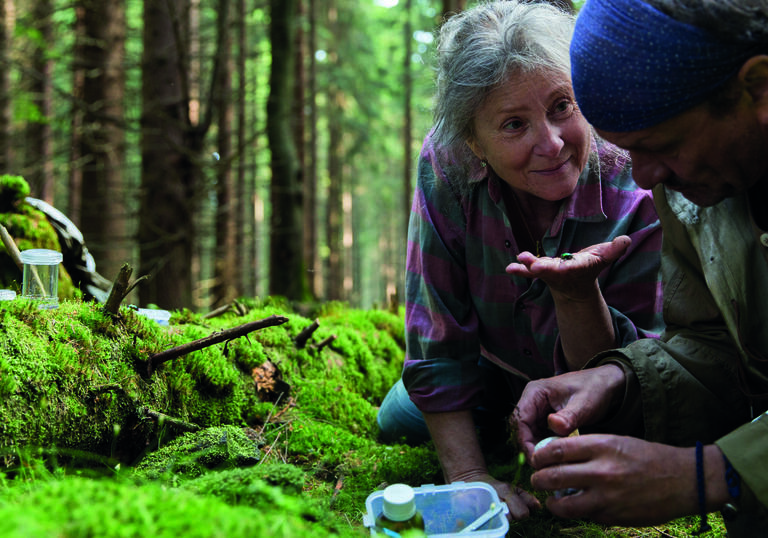 A woman and a man look at something in a forest, surrounded by moss.