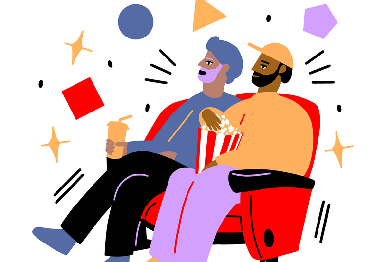 Illustration of seated cinema goers with popcorn